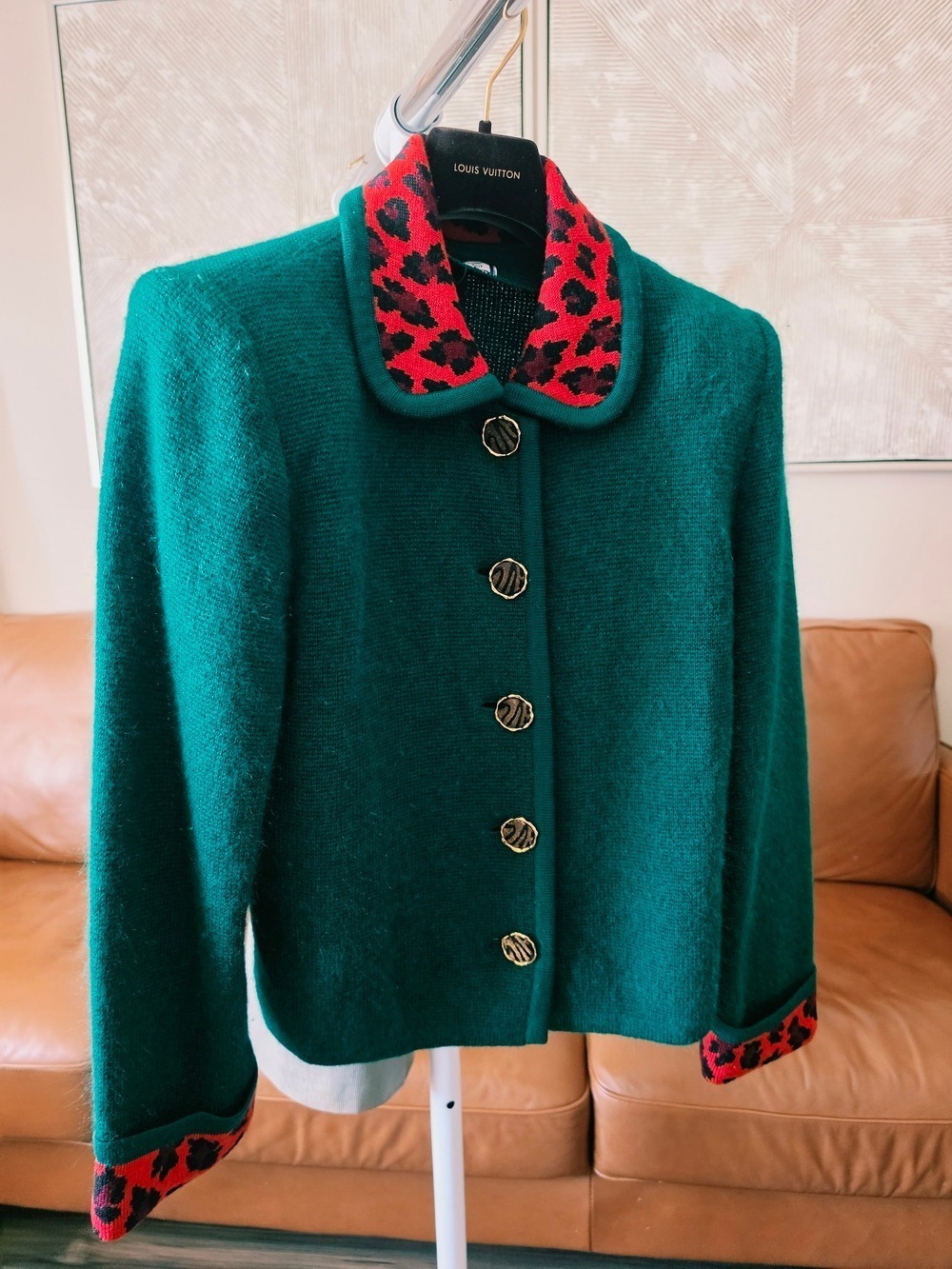 YSL Green Mohair Leopard Knit Jacket Cardigan Size Medium
